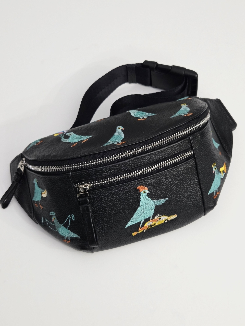 NEW MIN & MON HAROLD FANNY PACK BAG BLACK LEATHER - PIGEONISTA EMBROIDERY